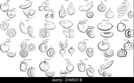 A set of flat icons of fruits and vegetables drawn with black lines. Stock Vector