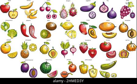 Set of vegetables, fruits and berries. Symbols of a healthy diet and lifestyle. Stock Vector