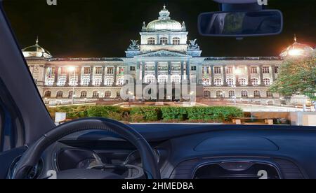Looking through a car windshield with view of the National Museum, Prague, Czech Republic Stock Photo