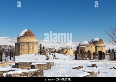 Shamakhi, Azerbaijan. Winter concept. Ancient historical mausoleums complex of the 16th century. Stock Photo