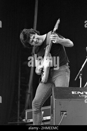 Irish guitarist and singer Gary Moore performing at the 1982 Reading Festival, England. Stock Photo