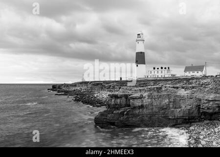 Black and white photo of Portland Bill lighthouse in Dorset at dusk Stock Photo