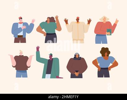 eight persons language learning characters Stock Vector
