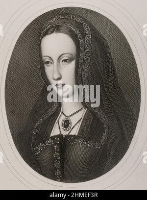 Joanna of Castile (known as Joanna the Mad) (1479-1555). Queen of Castile (1504-1555) and Aragon (from 1516), daughter of the Catholic Monarchs. Wife of Philip the Handsome. Portrait. Engraving by Masson. Lithographed by Magín Pujadas. 'Historia General de España', by Modesto Lafuente. Volume II. Published in Barcelona, 1879. Stock Photo