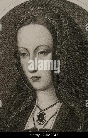 Joanna of Castile (known as Joanna the Mad) (1479-1555). Queen of Castile (1504-1555) and Aragon (from 1516), daughter of the Catholic Monarchs. Wife of Philip the Handsome. Portrait. Engraving by Masson. Lithographed by Magín Pujadas. Detail. 'Historia General de España', by Modesto Lafuente. Volume II. Published in Barcelona, 1879. Stock Photo