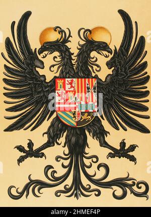 Royal Standard of Charles I of Spain and V of Germany (1500-1558). Two-headed imperial eagle. All his possessions are depicted inside: Castile, Leon, Aragon, Granada, Sicily, Burgundy, Bramante, Austria, escutcheon of Flanders and Tyrol. Chromolithography. Chromolithography. Historia General de España, by Modesto Lafuente. Volume II. Published in Barcelona, 1879. Stock Photo