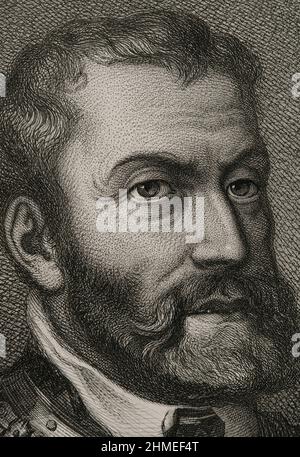 Charles V (1500-1558). Holy Roman Emperor and Archduke of Austria (1519-1556), king of Spain (1516-1556) and Lord of the Netherlands as titular Duke of Burgundy (1506-1555). Portrait. Engraving by Masson. Lithographed by Magín Pujadas. Detalle. 'Historia General de España', by Modesto Lafuente. Volume II. Published in Barcelona, 1879. Stock Photo