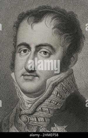Ferdinand VII (1784-1833). King of Spain (1808-1833). Portrait. Engraving by Masson. Lithographed by Magín Pujadas. Detail. 'Historia General de España', by Modesto Lafuente. Volume V. Published in Barcelona, 1880. Stock Photo