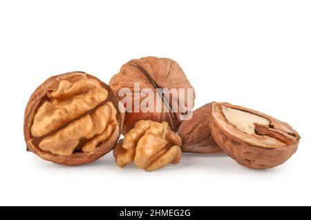 fresh kernels, broken and whole walnuts close-up isolated on white background Stock Photo