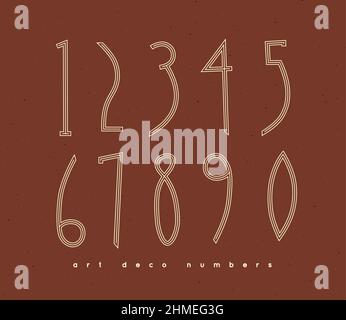 Set of art deco numbers drawing in vintage style on coral background Stock Vector