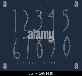 Set of art deco numbers drawing in vintage style on blue background Stock Vector