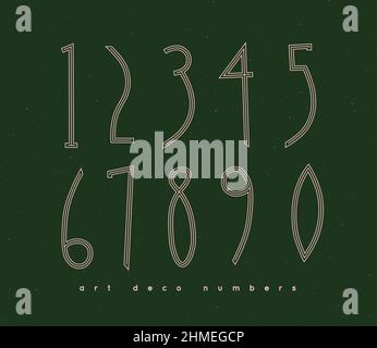Set of art deco numbers drawing in vintage style on green background Stock Vector