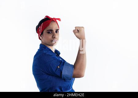 hispanic woman in feminism concept, on white background, horizontal, Stock Photo