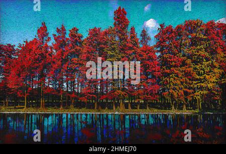 A beautiful Perfectly silent water reflecting autumn trees, wild nature and water that's great Abstract oil painting landscape Stock Photo