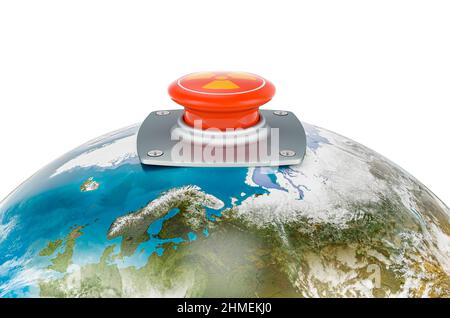 Nuclear red button on the Earth Globe. Global Nuclear Threat concept. 3D rendering isolated on white background Stock Photo