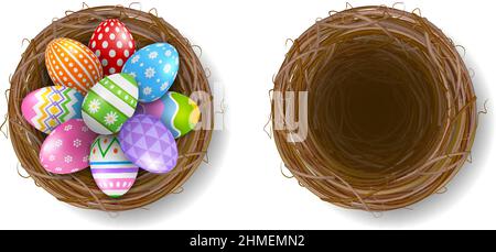Empty nest and nest with easter eggs Stock Vector