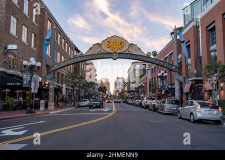 Gaslamp quarter sign in historic heart of San Diego, a popular travel destination with hotels, bars and restaurants. Stock Photo