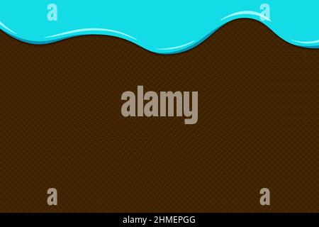 Light blue ice cream or yogurt melt and flow on chocolate waffle surface. Glazed wafer texture sweet cake background with space for your text. Vector eps illustration Stock Vector