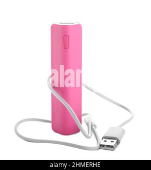 Pink power bank with USB cable on white background Stock Photo