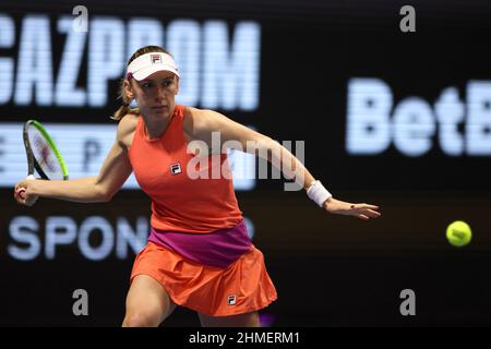 Saint Petersburg, Russia. 09th Feb, 2022. Ekaterina Alexandrova of Russia plays against Maria Sakkari of Greece during the St. Petersburg Ladies Trophy 2022 tennis tournament.Final score: (Ekaterina Alexandrova 0:2 Maria Sakkari) Credit: SOPA Images Limited/Alamy Live News Stock Photo