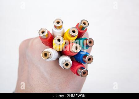 colored audio wires tulips in the hand closeup Stock Photo