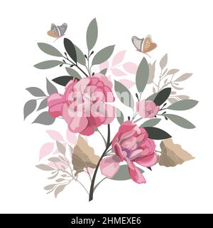 Vector floral illustration. Bouquet of pink flowers, twigs with grey, brown and pink leaves and butterflies. Stock Vector