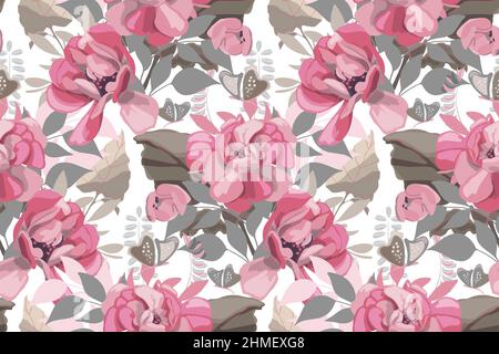 Vector floral seamless pattern. Pink roses, beige and gray leaves and butterflies on a white background.  Stock Vector