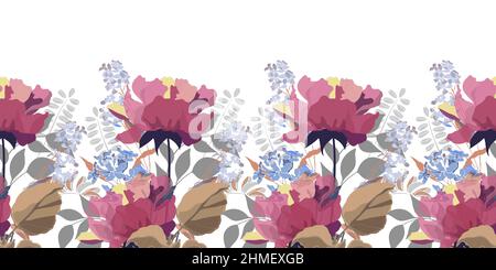 Vector floral seamless pattern, border. Horizontal panoramic illustration with red garden flowers on a white background. Stock Vector