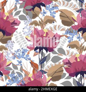 Vector floral seamless pattern. Red garden flowers isolated on a white. Stock Vector