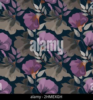 Vector floral seamless pattern. Purple and coffee-colored flowers isolated on a dark background. Stock Vector