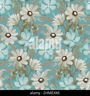 Vector floral seamless pattern in turquoise and beige colors. Meadow flowers are isolated on a turquoise background. Stock Vector