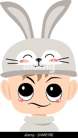 Boy with big eyes and emotions of suspicious, displeased face in rabbit hat with long ears. Child with annoyed expression for Easter, New Year or carnival costume for party. Vector flat illustration Stock Vector