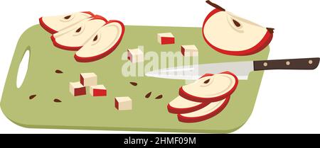 Red apples cut into slices and pieces with seeds with knife on board. Food for healthy diet. Sweet snack. Vector flat illustration Stock Vector