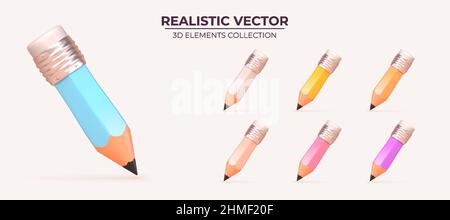 3d vector realistic pencil icon set. Collection of high quality color logo for mobile concepts and web apps. Education set in trendy render style. Vector illustration on a white background Stock Vector