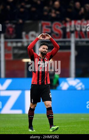 Milan, Italy. 09 February 2022. Olivier Giroud of AC Milan celebrates during the Coppa Italia football match between AC Milan and SS Lazio. Credit: Nicolò Campo/Alamy Live News Stock Photo