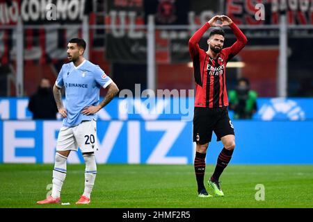 Milan, Italy. 09 February 2022. Olivier Giroud of AC Milan celebrates during the Coppa Italia football match between AC Milan and SS Lazio. Credit: Nicolò Campo/Alamy Live News Stock Photo