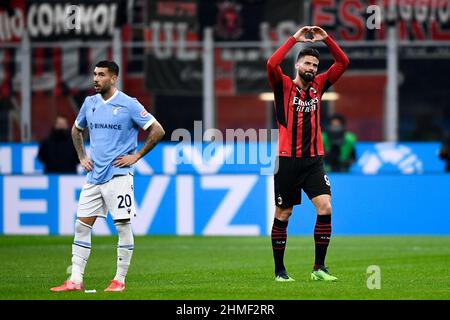 Milan, Italy. 09 February 2022. Olivier Giroud of AC Milan celebrates during the Coppa Italia football match between AC Milan and SS Lazio. Credit: Nicolò Campo/Alamy Live News Stock Photo