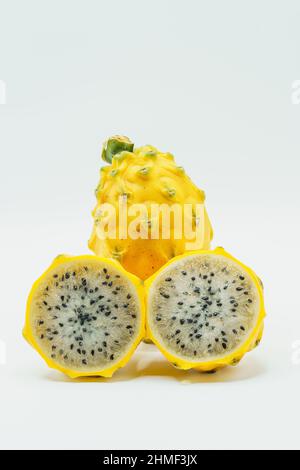 Yellow pitahaya or dragon fruit on white background.  Stock Photo