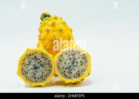 Yellow pitahaya or dragon fruit on white background.  Stock Photo