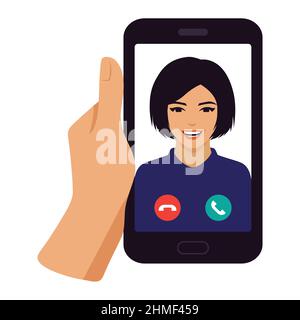 hand holding smart phone with video call on screen, Smartphone Hold by Human Hand Video Calling in Social Media App Vector Illustration