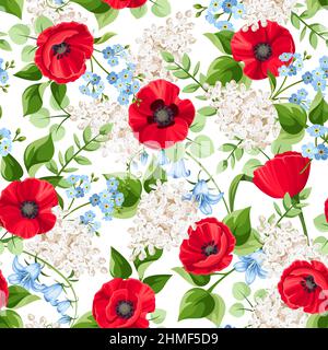 Seamless floral pattern with red, blue, and white poppy, bluebell, lilac, and forget-me-not flowers on a white background. Vector illustration Stock Vector