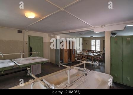 Former workers' canteen with washbasin in a historic valve factory, now the Lauf an der Pegnitz Industrial Museum, Middle Franconia, Bavaria, Germany Stock Photo