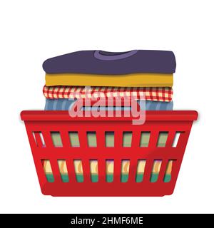 Laundry basket with folded clothes on white background, vector illustration Stock Vector