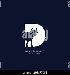 Logo template letter D with COW symbol incorporated. Negative Space abstract Style Modern Vector Editable. Stock Vector