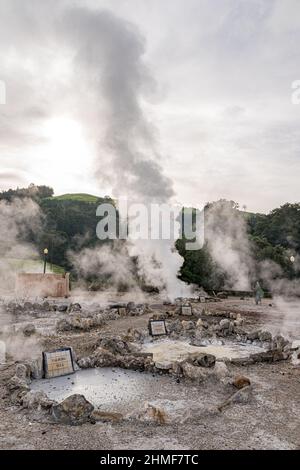 Steamy fumaroles and hot springs in Furnas, in the Sao Miguel island (Azores, Portugal) Stock Photo