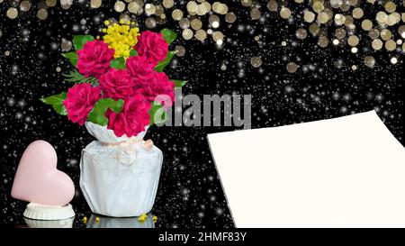 A chocolate heart, a bouquet of roses in a gift box and a blank sheet of paper for the text. Black background with falling snow and bokeh Stock Photo