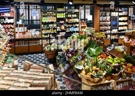 Interior of the grocery store Fiorfood Coop with fruit, vegetables and typical products in Galleria San Federico, Turin, Piedmont, Italy