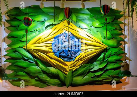 Brazilian flag art decorating inside the restaurant Thai Paraty. Stock Photo