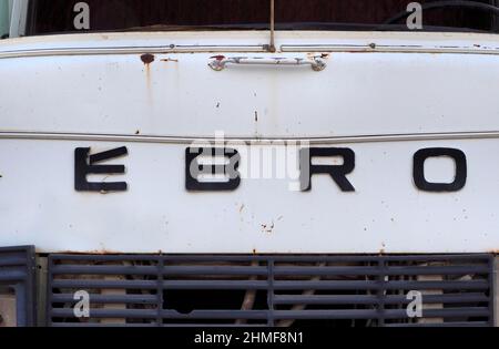 Front view of white van Ebro with radiator grille, scrap car, scrap yard, metal recycling, recycling of scrap metal, metal recycling, sustainability Stock Photo