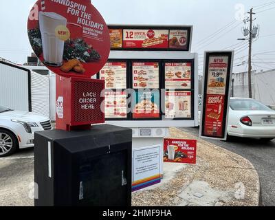 Augusta, Ga USA - 12 09 21: Krystal Burgers fast food restaurant order box and menu Stock Photo